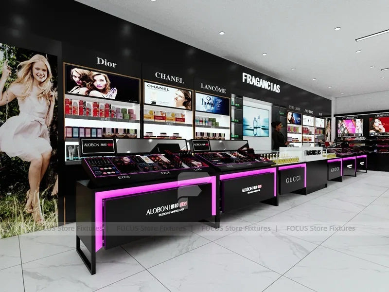 Black White Cosmetics Aisle with Glass Table