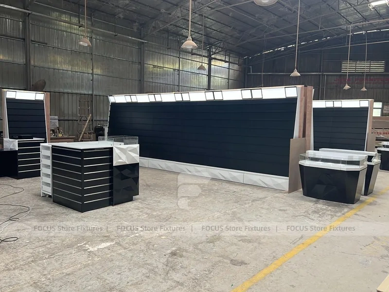 Black White Curved Mobile Phone Store Counter