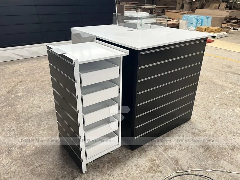 Black White Curved Mobile Phone Store Counter