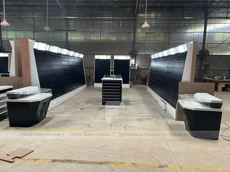 Black White Curved Mobile Phone Store Counter