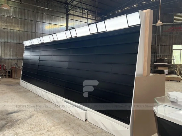 Black White Curved Mobile Phone Store Counter