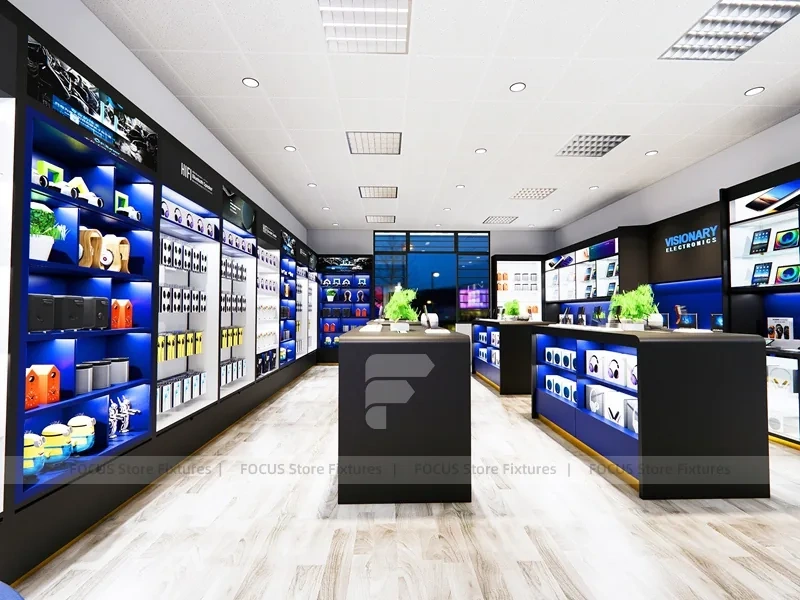 Blue Black Mobile Electronics Store Interior