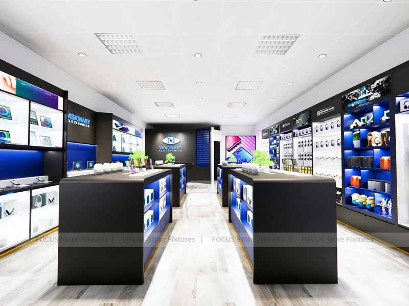 Blue Black Mobile Electronics Store Interior