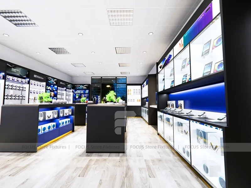 Blue Black Mobile Electronics Store Interior