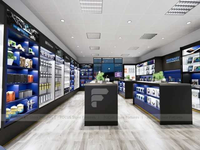 Blue Black Mobile Electronics Store Interior Wide