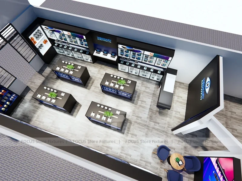 Blue Black Mobile Electronics Store Interior Wide