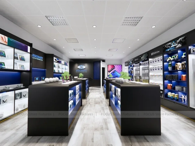 Blue Black Mobile Electronics Store Interior Wide