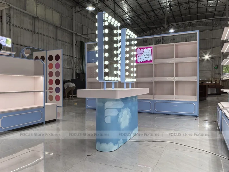 Blue Makeup Vanity Island with Mirror Lights