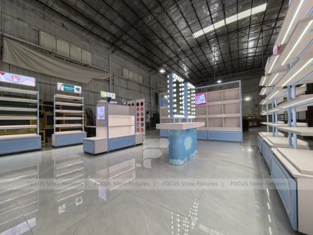 Blue Makeup Vanity Island with Mirror Lights