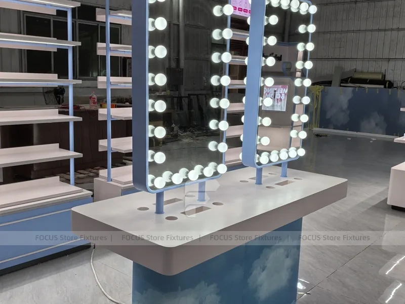 Blue Makeup Vanity Island with Mirror Lights