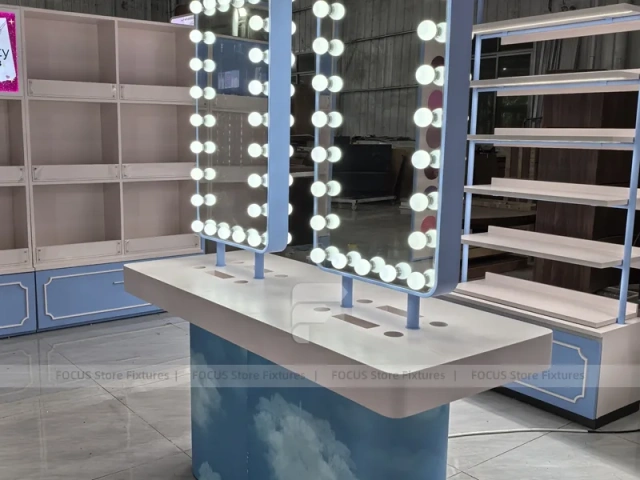 Blue Makeup Vanity Island with Mirror Lights
