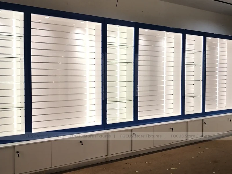 Blue White Backlit Phone Wall Display Cabinet