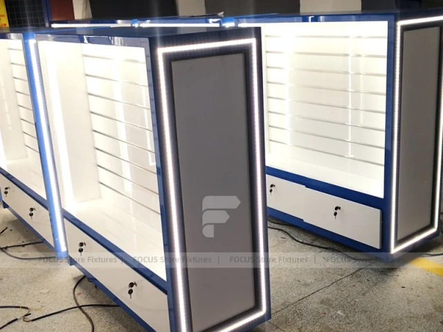Blue White Backlit Phone Wall Display Cabinet