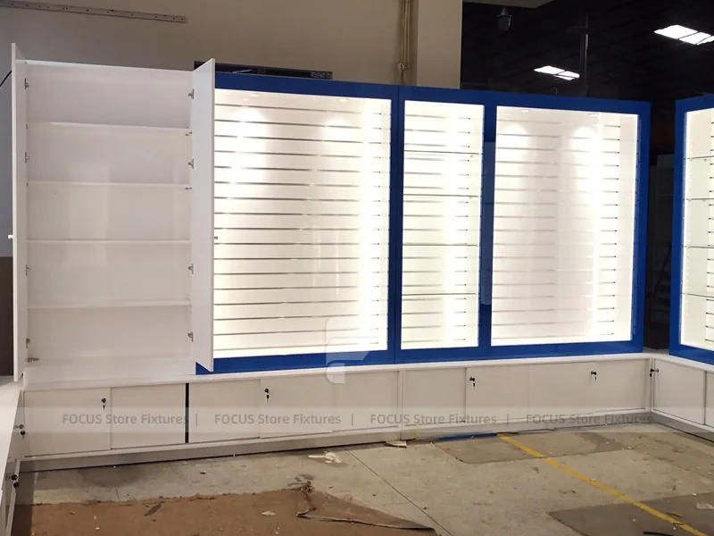 Blue White Backlit Phone Wall Display Cabinet