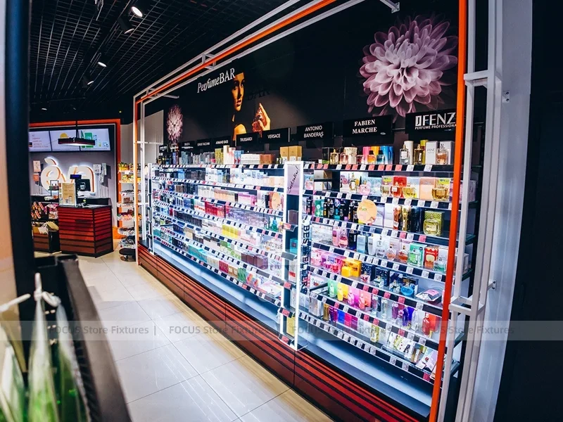 Bright Perfume Wall Display Store with LED Shelving