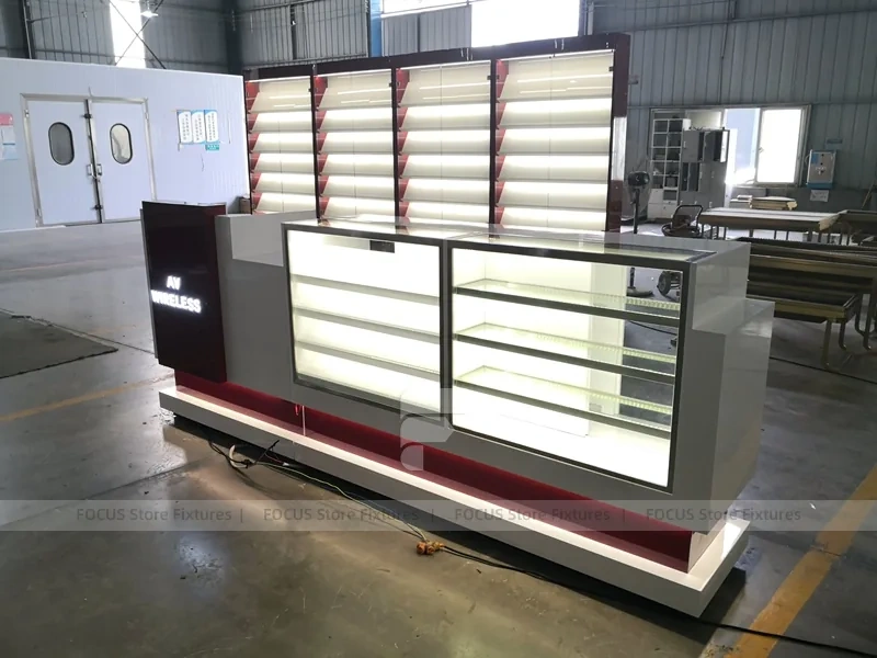 Burgundy Backlit Slatwall Phone Display Wall