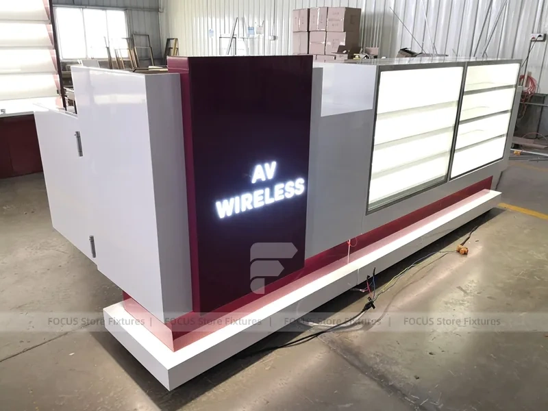 Burgundy Backlit Slatwall Phone Display Wall