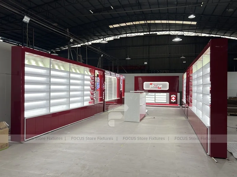 Burgundy White Phone Store Wall Display Layout