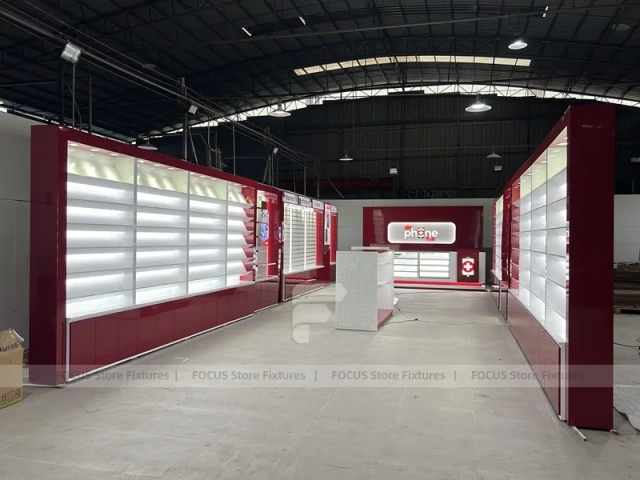 Burgundy White Phone Store Wall Display Layout