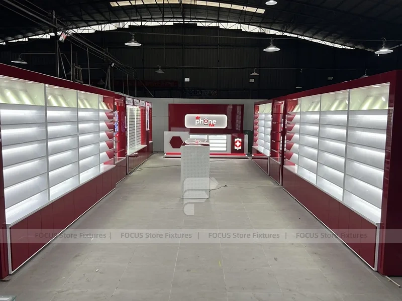 Burgundy White Phone Store Wall Display Layout