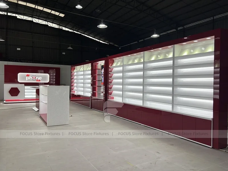Burgundy White Phone Store Wall Display Layout