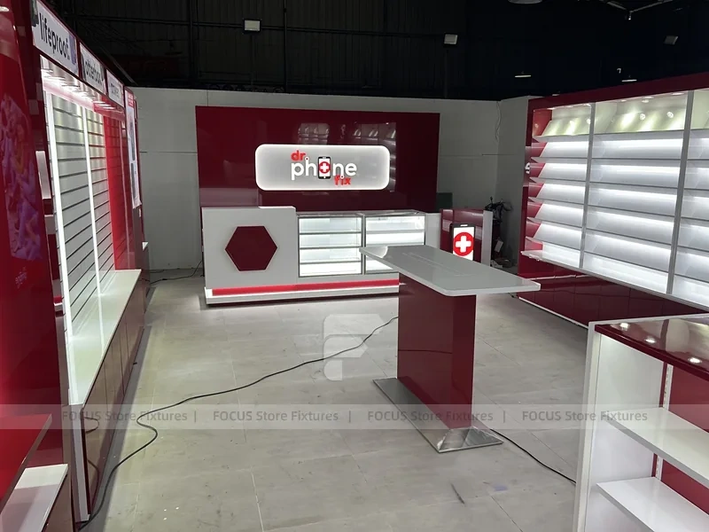 Burgundy White Phone Store Wall Display Layout