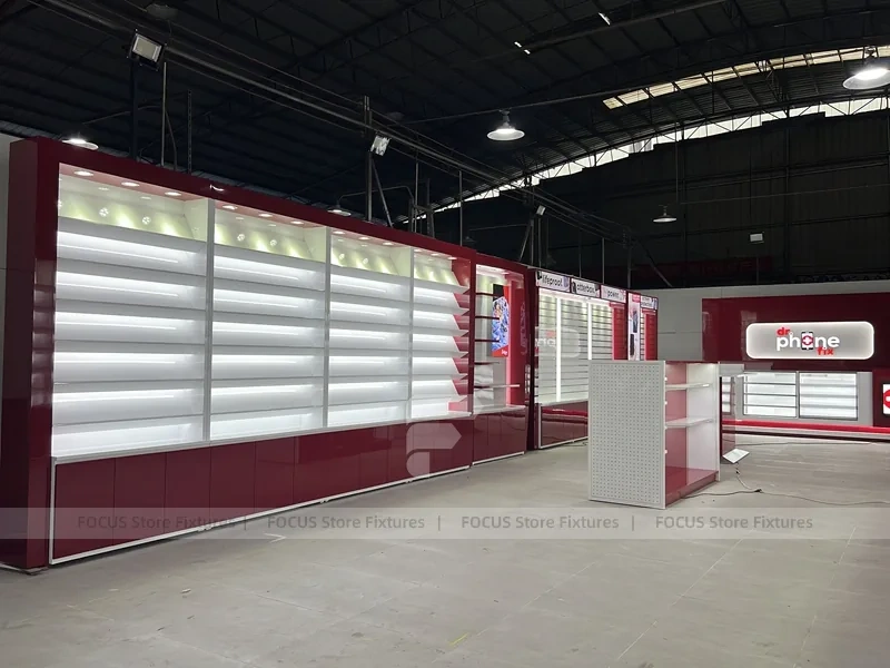 Burgundy White Phone Store Wall Display Layout
