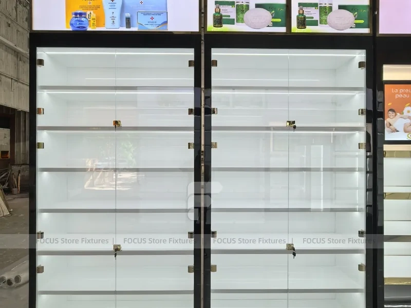 Close Up Black White Glass Display Wall Cabinet