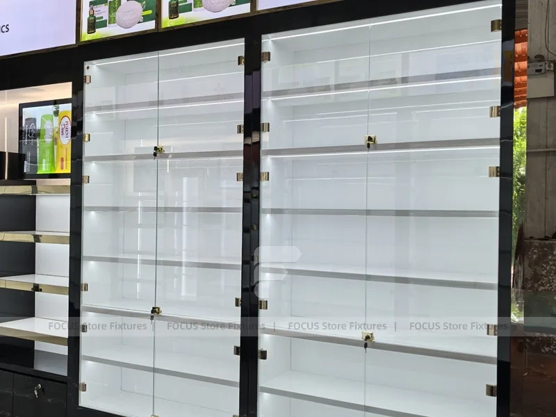 Close Up Black White Glass Display Wall Cabinet