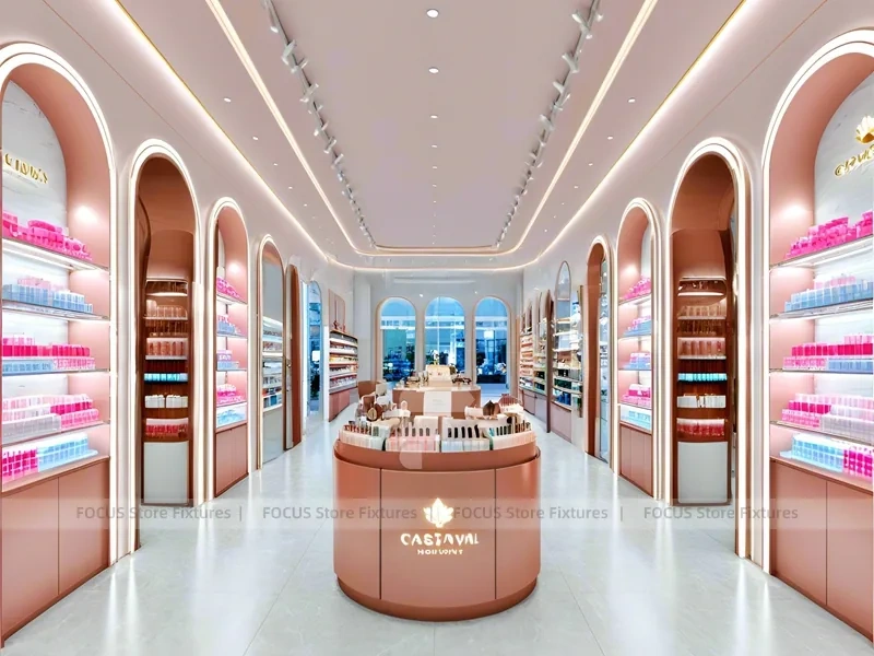 Coral Pink Beauty Store with Round Reception Counter