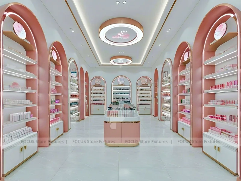 Coral Pink Beauty Store with Round Reception Counter