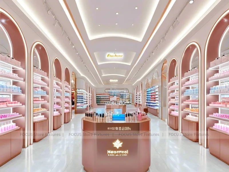 Coral Pink Beauty Store with Round Reception Counter