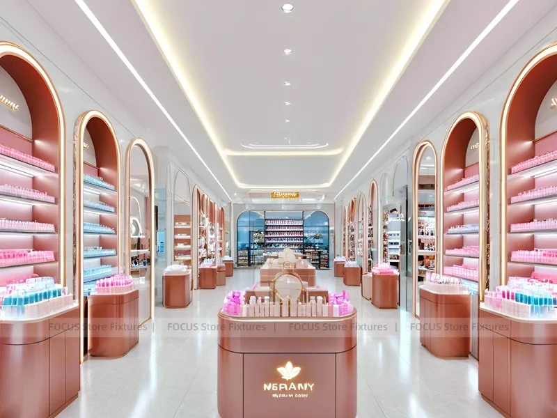 Coral Pink Beauty Store with Round Reception Counter