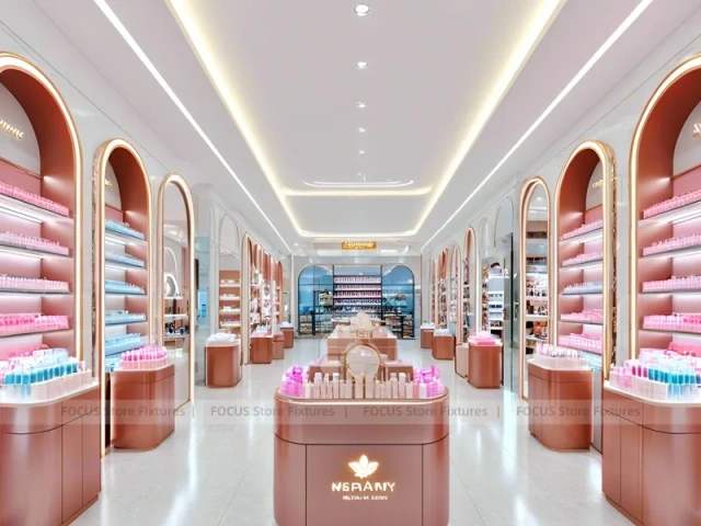 Coral Pink Beauty Store with Round Reception Counter