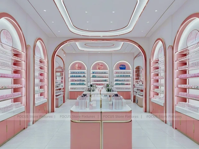 Coral Pink Beauty Store with Round Reception Counter