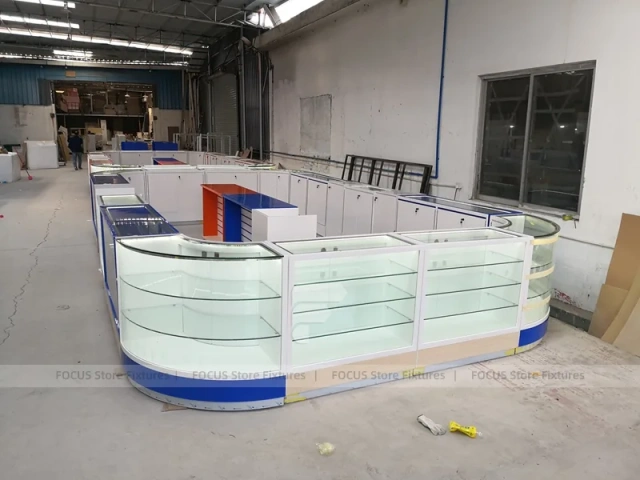 Curved Blue White Phone Glass Showcase Counter