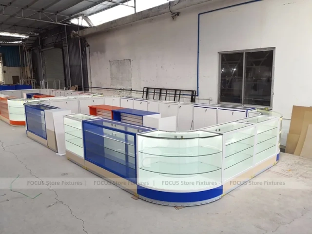 Curved Blue White Phone Glass Showcase Counter