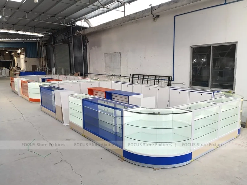 Curved Blue White Phone Glass Showcase Counter