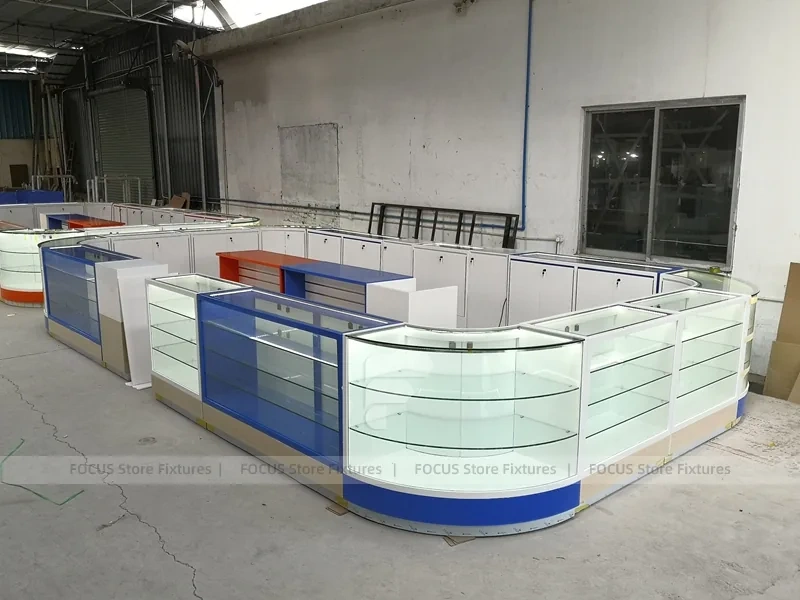 Curved Blue White Phone Glass Showcase Counter
