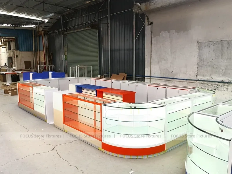 Curved Blue White Phone Glass Showcase Counter