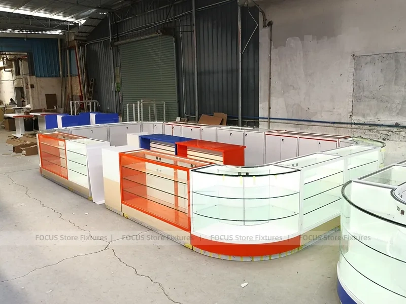 Curved Blue White Phone Glass Showcase Counter
