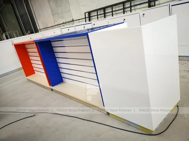 Curved Blue White Phone Glass Showcase Counter
