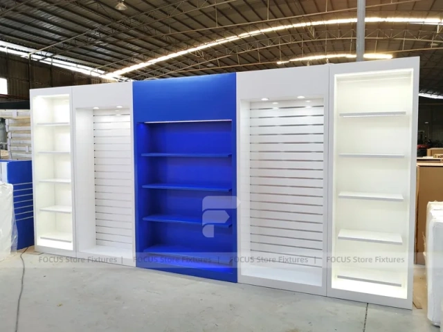 Curved Blue White Phone Glass Showcase Counter