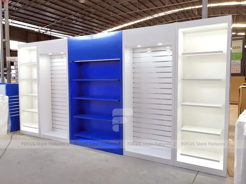 Curved Blue White Phone Glass Showcase Counter