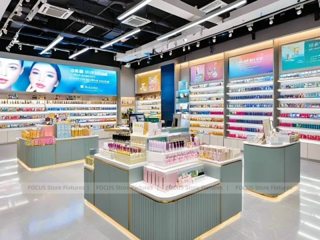 Gray Gold Cosmetics Store with Island Displays