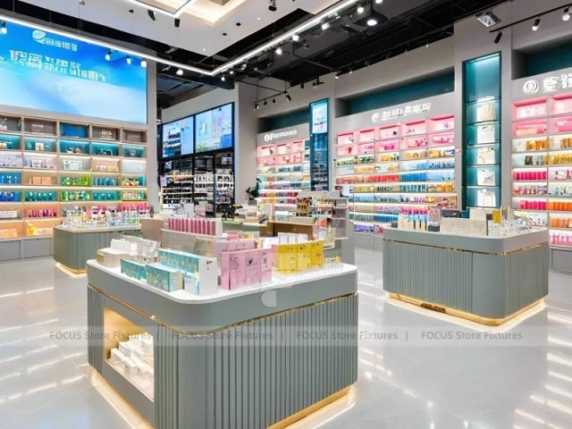 Gray Gold Cosmetics Store with Island Displays