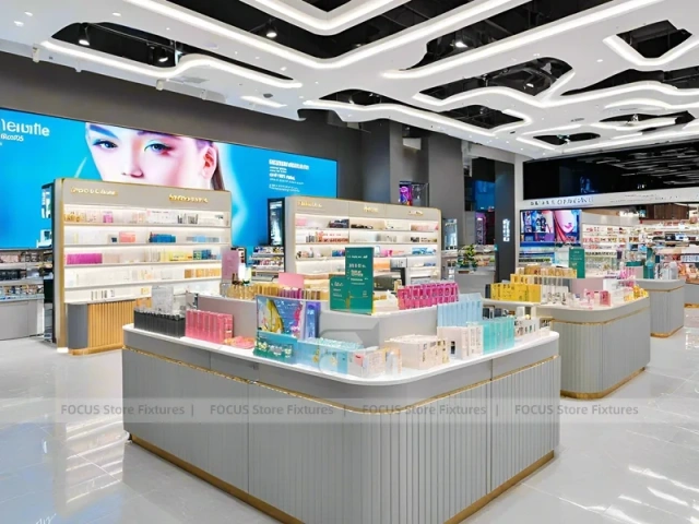 Gray Gold Cosmetics Store with Island Displays