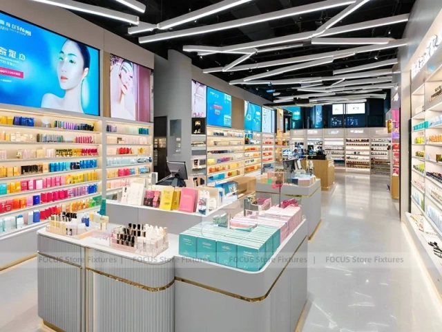 Gray Gold Cosmetics Store with Island Displays