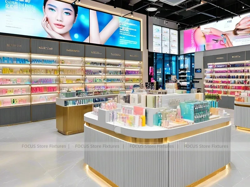 Gray Gold Cosmetics Store with Island Displays