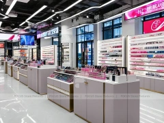 Gray Pink Cosmetics Shop with Wall Shelving